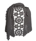 Lenes shawl, a knitted shawl with a flower panel at the back, made in dark grey Isager Highland wool and Silk Mohair