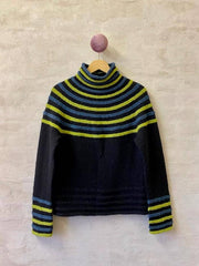 Corona sweater af Hanne Falkenberg, strikkekit | 71 Sort, 41 Petroleum, 03 Pistachio