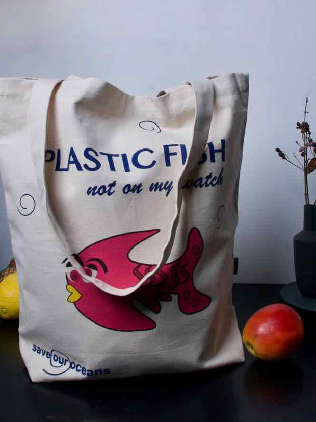 Indkøbsnet i økologisk kanvas bomuld - Plastic fish, not on my watch